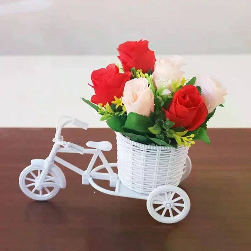 Simulation de fleurs en rotin, panier de fleurs, Tricycle, modèle de vélo, maison, jardin, décoration de fête de mariage, romantique et mignon