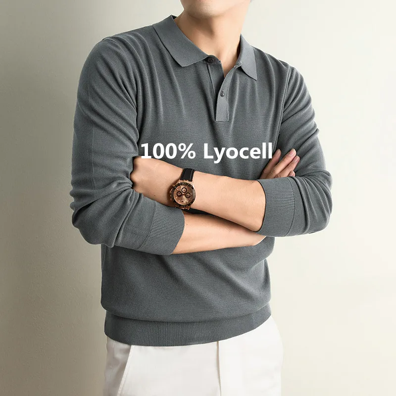 Good 100% Lyocell Knit Polos for Men 2026 Autumn Classic Solid Lyocell Sweater Long Sleeve Knitwer Pullover Knitting Tops