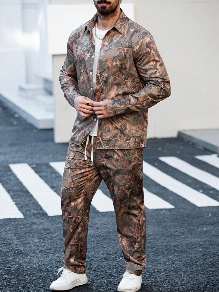 Trendy Mens Loose Two Piece Suits Vintage Pattern Printed Long Sleeve Shirt And Pants Sets Men 2025 Spring Autumn Casual Outfits