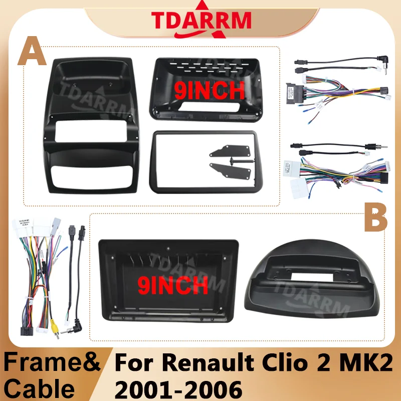 Автомобильная рамка радиоприемника Android для Renault Clio 2 MK2 2001-2006, 9-дюймовая 2DIN, лицевая панель, 16-контактный жгут проводов, декодер Canbus.