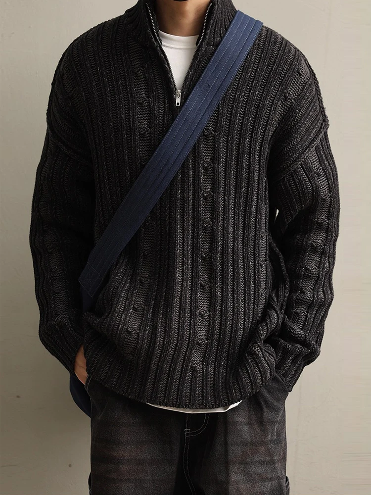 

Fall Winter Fashion Men's Knit Pullovers Casual Long Sleeve Zipper Stand Collar Sweater Jumper Top Men Stylish Striped Sweaters