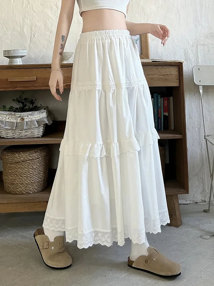 White Sweet Cake Long Skirt Women Cute Preppy Style Loose Skirts Fashion High Waist Spring Korean Casual Elegant Chic Long Skirt