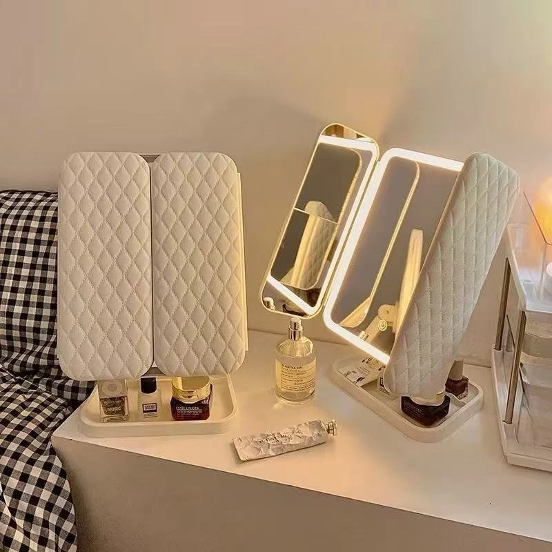 Specchio per trucco da tavolo a LED - Vanity pieghevole su 3 lati con luci, specchio di bellezza ingranditore per spogliatoio camera da letto, arredamento dormitorio