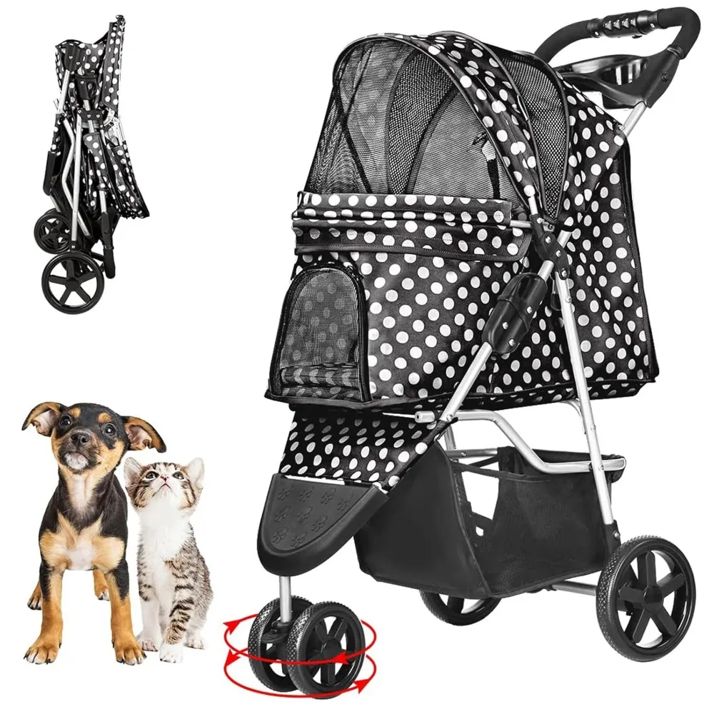 

Pet Stroller for Medium Small Dogs Cats, One-Hand Folding Portable Travel Cat Dog Stroller with Storage Basket and Cup Holder, 3
