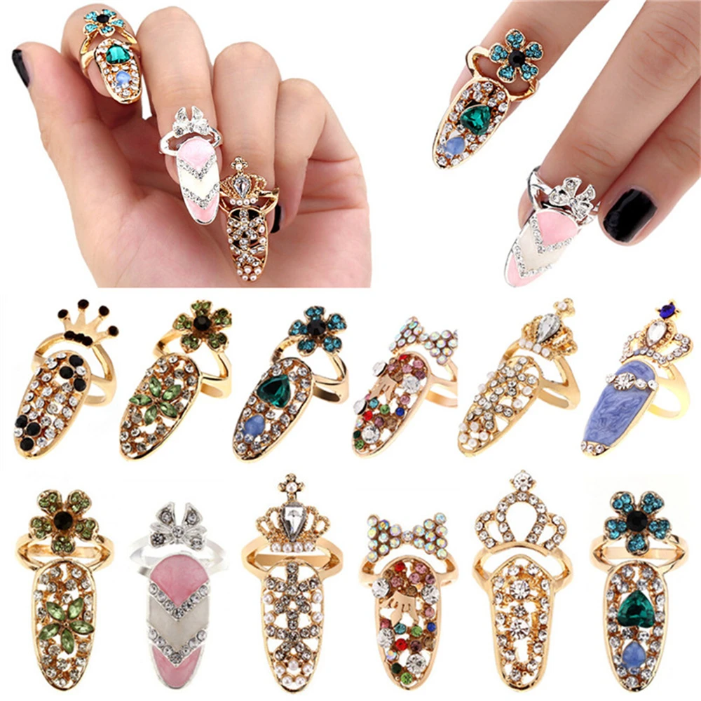 Copper Inlaid Zircon Adjustable Opening Crystal Crown Nail Ring Gold Plated Manicure Joint Ring for Women Trend Party Jewelry