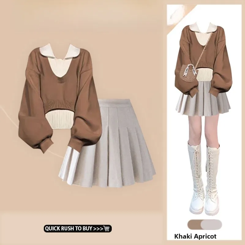 

Korean Sle Long Sve Knitted Sweater Set Women's Two-Piece Outfit Color Blo Vest And Skirt Layering Faion Ensemble