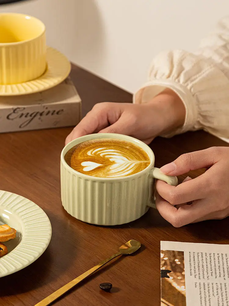 280ml Ceramic Coffee Cup with Saucer Vintage Ribbed Latte Art Mugs for Household Solid Color Office Espresso Tea Cups