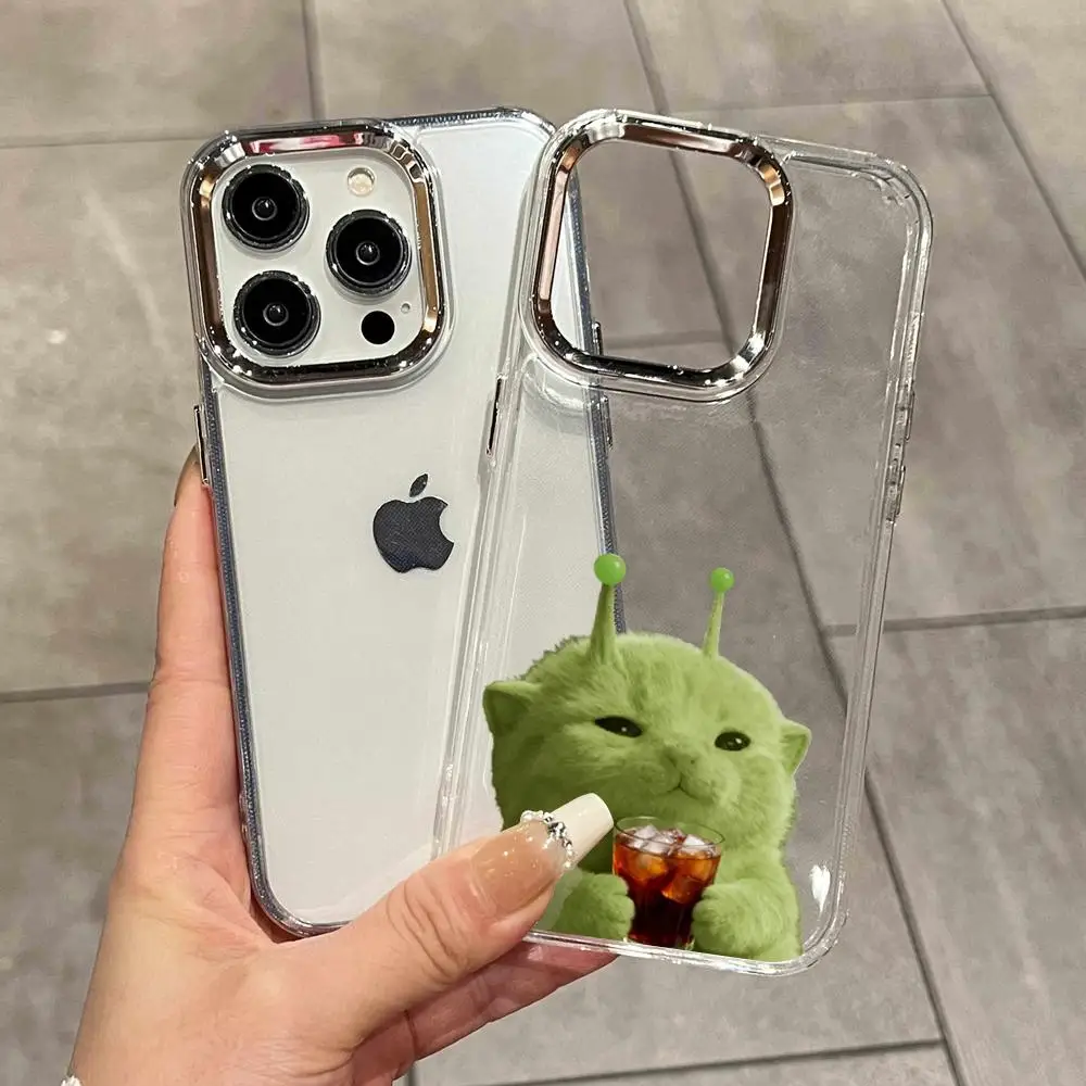 Funda para Teléfono con Diseño de Gato Alienígena Verde, para iPhone 17 Air 16 15 14 Plus 13 12 11 Pro Max 16e, Antigolpes, Transparente HD