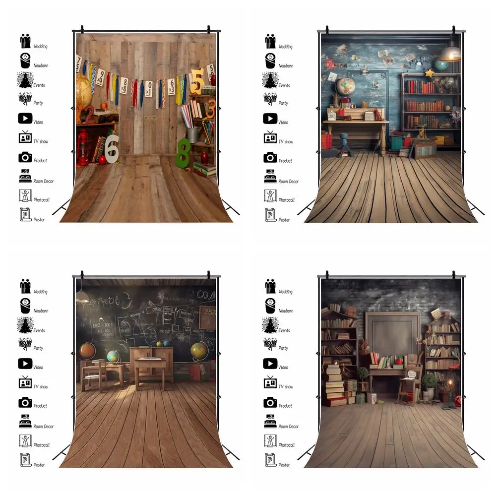 

Back to School Backdrop Wooden Wall Floor Bookshelf Blackboard Classroom Scene Baby Kids Photography Background Photo Studio