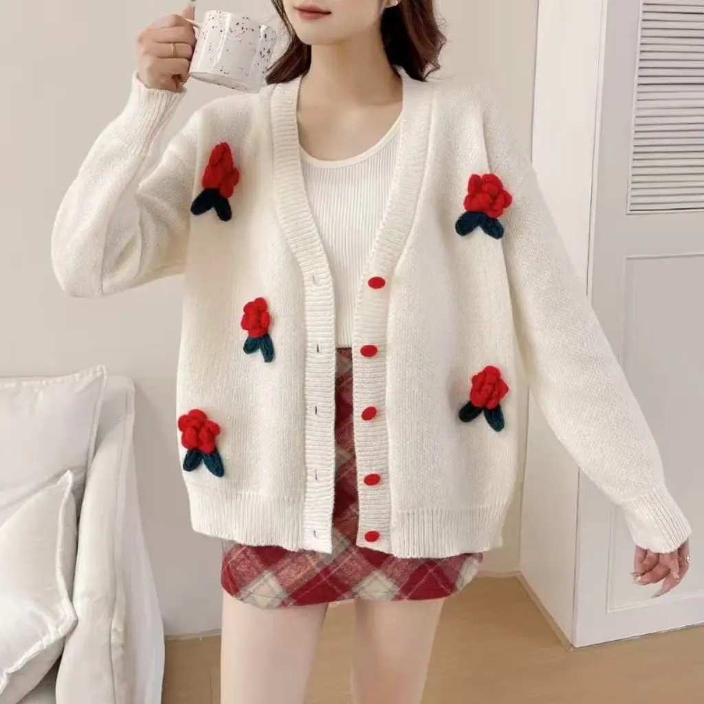 

Strawberry Pattern Loose Knitted Sweater Coat Women's Lazy Style Top Outerwear Autumn Winter Fashion Casual Cardigan