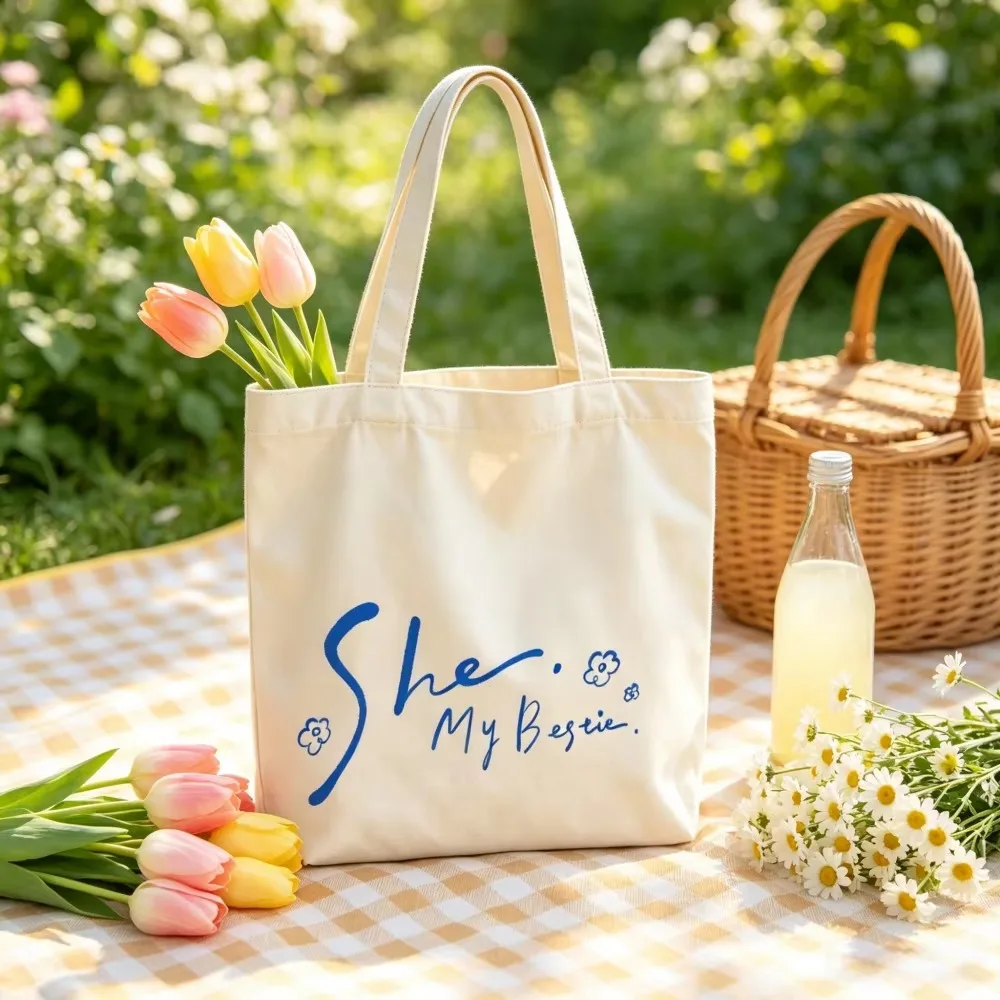 Personalized She My Love Canvas Tote Bags Custom Name Handwritten Script Romantic Grocery Shopping Bags Reusable for Women Gifts