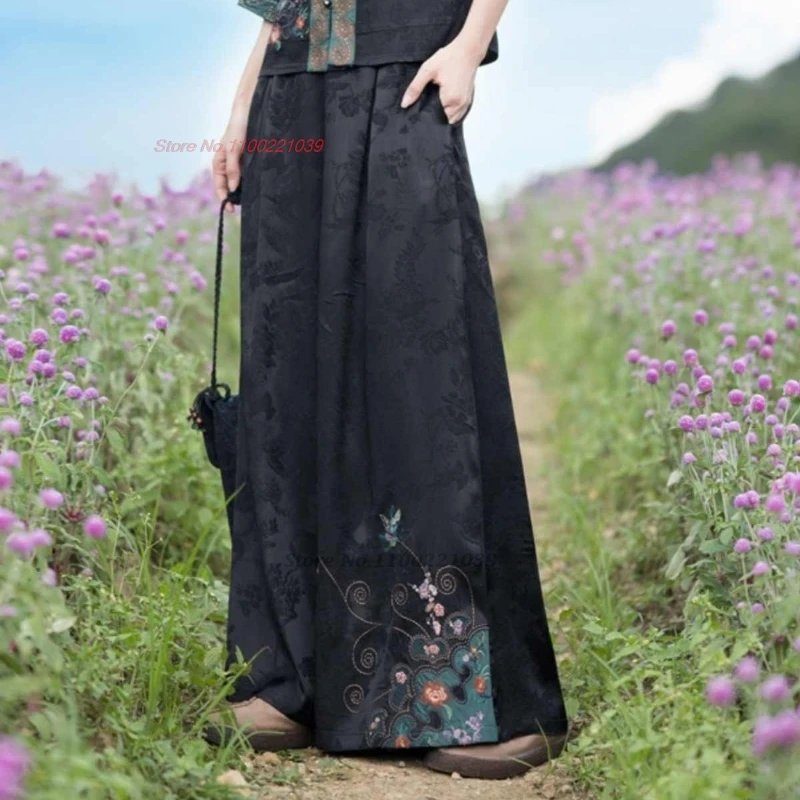 2025 chinese vintage pants national flower embroidery satin jacquard wide leg trousers traditional folk elastic waist pantalones