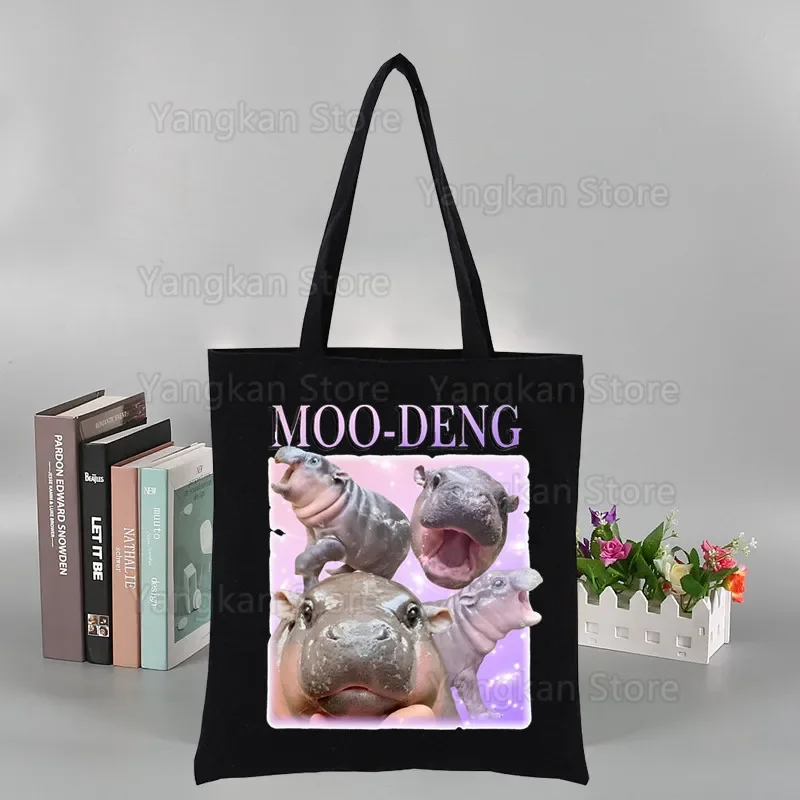 

Cute Moo Deng Bouncy Pig Black Graphic Printed Canvas Shoulder Bag Female Funny Large-capacity Eco Environmental Shopper Bag