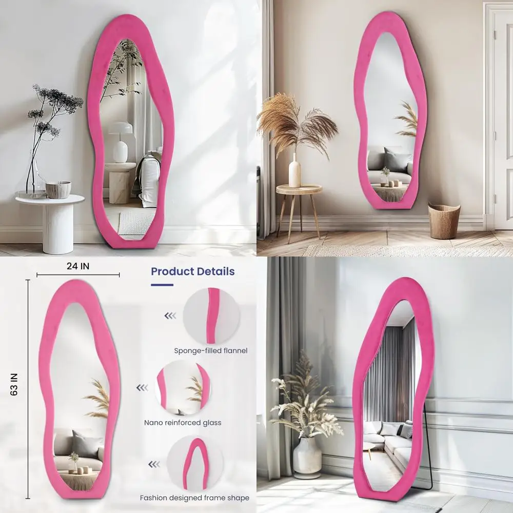Espelho de comprimento total montado na parede com moldura de flanela rosa, 63x24, com suporte, formato irregular, ideal para incluir ou pendurar, melhorar Y