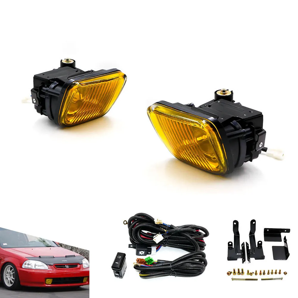 

for 96-98 Honda Civic 2DR 3DR 4DR EK9 Golden Yellow Lens Fog Light Bumper Lamps w/Switch+Harness