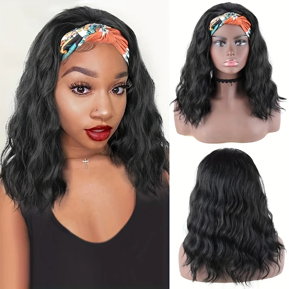 Nadula Hair Body Wave Headband Wig Wigs With Scarf Natural Black Color Human Hair No Sew In 130% Density Human Hair