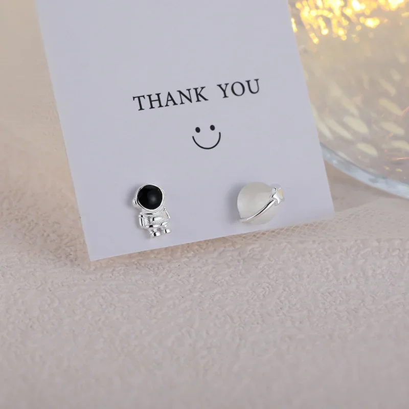 2024 New Trebdy Star Moon Opal Stud Earrings Women Cute Sweet Silver Color Spaceman Asymmetric Mini Ear Pierced Jewelry Gifts