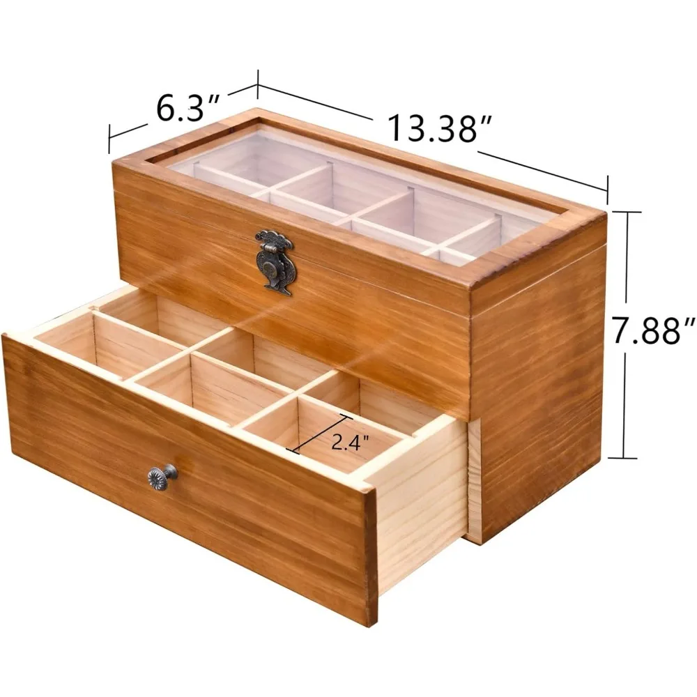 Large Wooden Tea Storage Box with Clear Window, 2-Layer 14 Compartments Organizer for Tea Bags and More