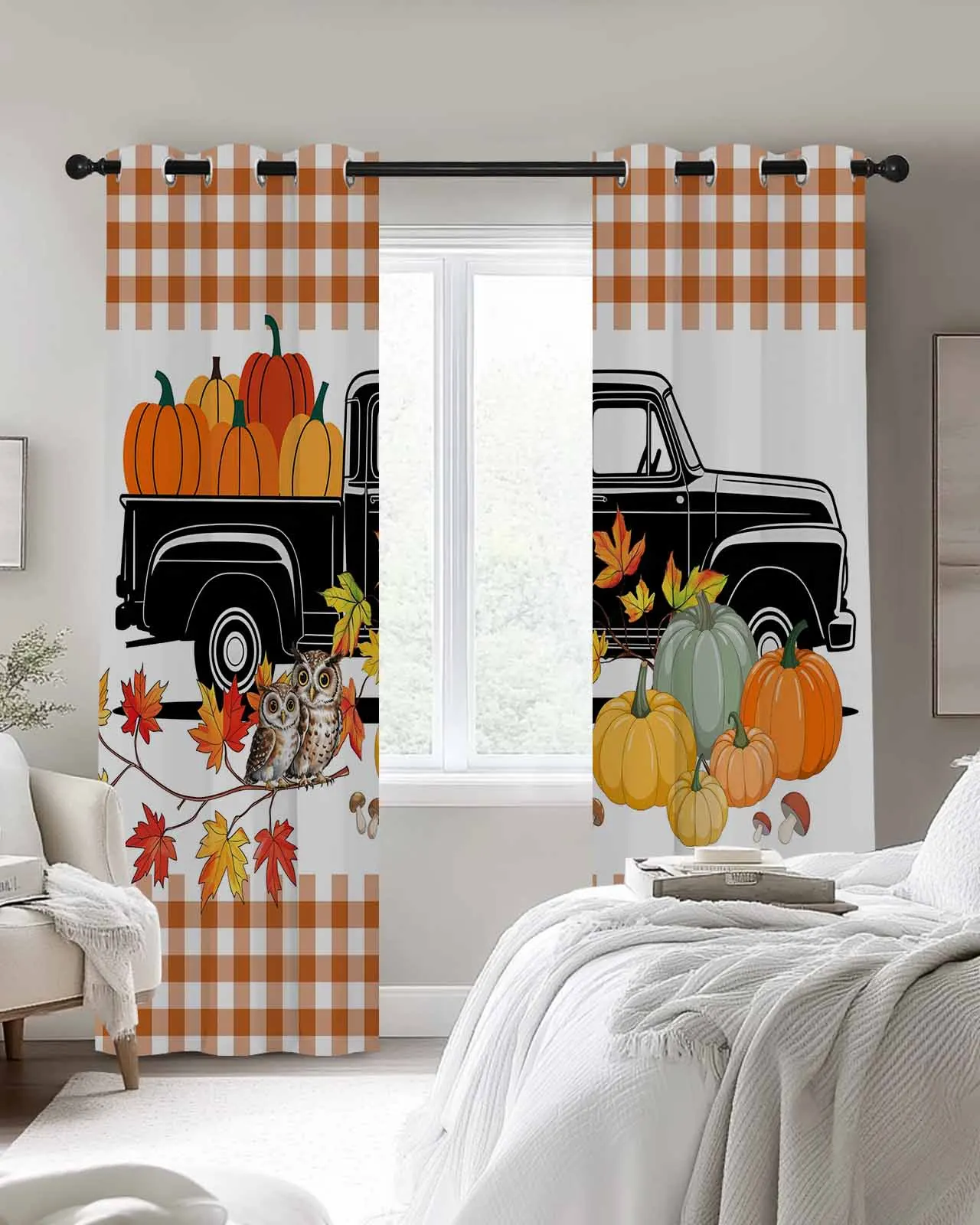 

Autumn Pumpkin Car Owl Polyester Window Curtains For Living Room Kitchen Bedroom Drapes
