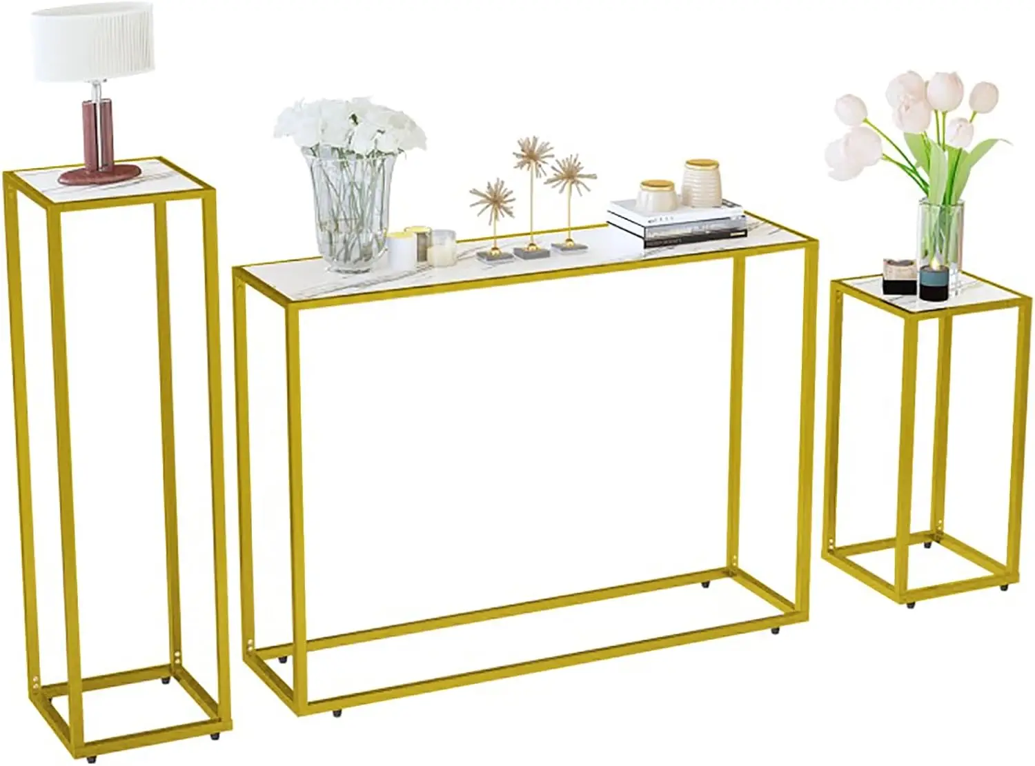 

Faux Marble Console Table Set Include 2 Accent Side Tables & Gold Sofa Table with Adjustable Leg Pads, Narrow Console Table