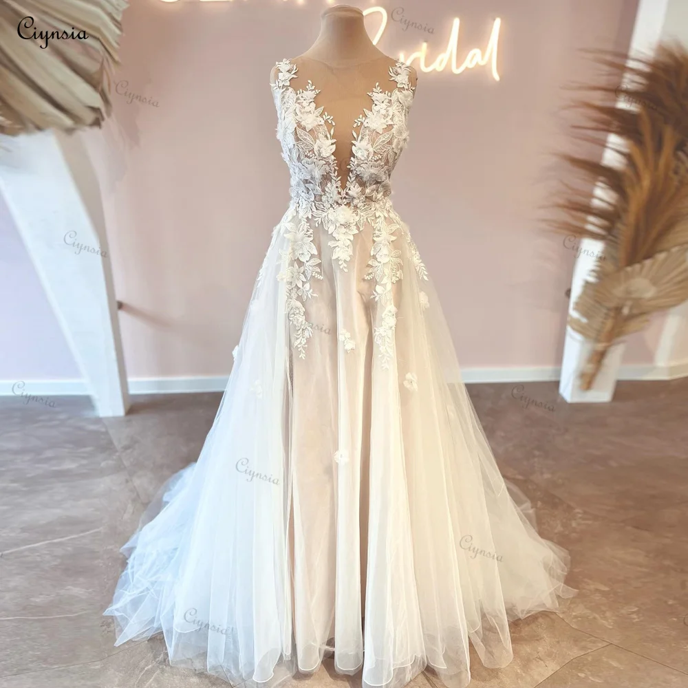 Ciynsia Boho Chic A Line Lace Flowers Wedding Dress V Neck Sexy Bridal Gown Women Beach trouwjurk Backless Ivory Robe De Mariee