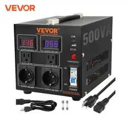 VEVOR Voltage Converter Transformer 500VA-5000VA Heavy Duty Step Up/Down Transformer with US&EU Outlet 5V USB Port CE Certified