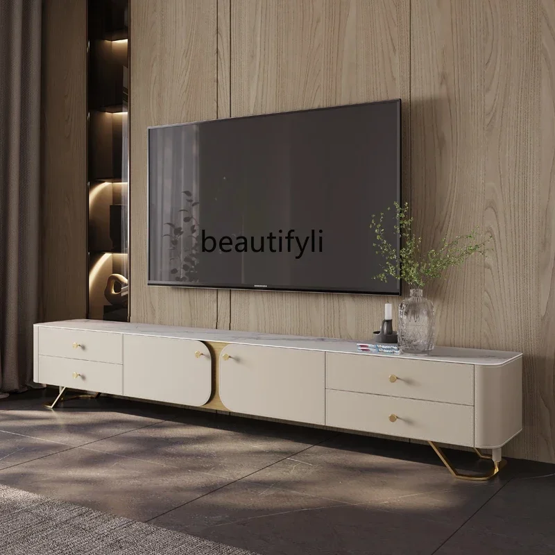 

CC Modern light luxury TV cabinet rock slab high-end living room rectangular saddle leather combination coffee table