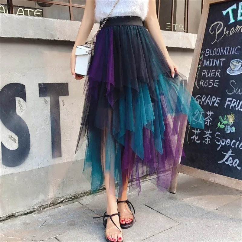 Summer Casual Tutu Women Skirt Harajuku Jupe Femme Tulle Bottom Faldas Fashion Midi Mesh High Waist Skirts Woman Clothes Saia