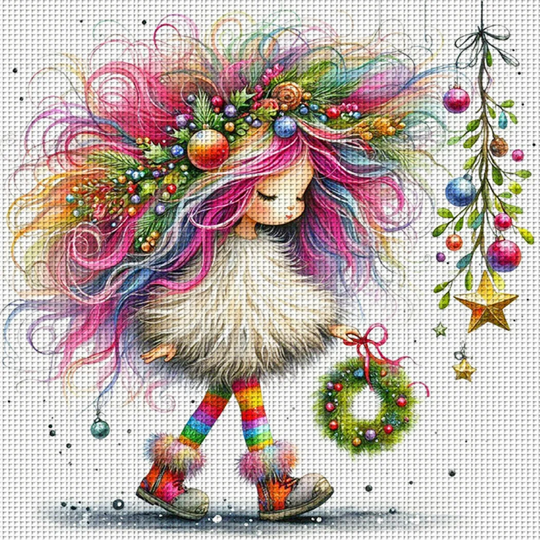 1 Stück RainbowHair Girl Kreuzstich-Set zum Selbermachen, 11CT-Stickerei, Heimwanddekoration, Geschenk, handgefertigtes Material, rahmenlos, halbfertig, 46 x 46 cm