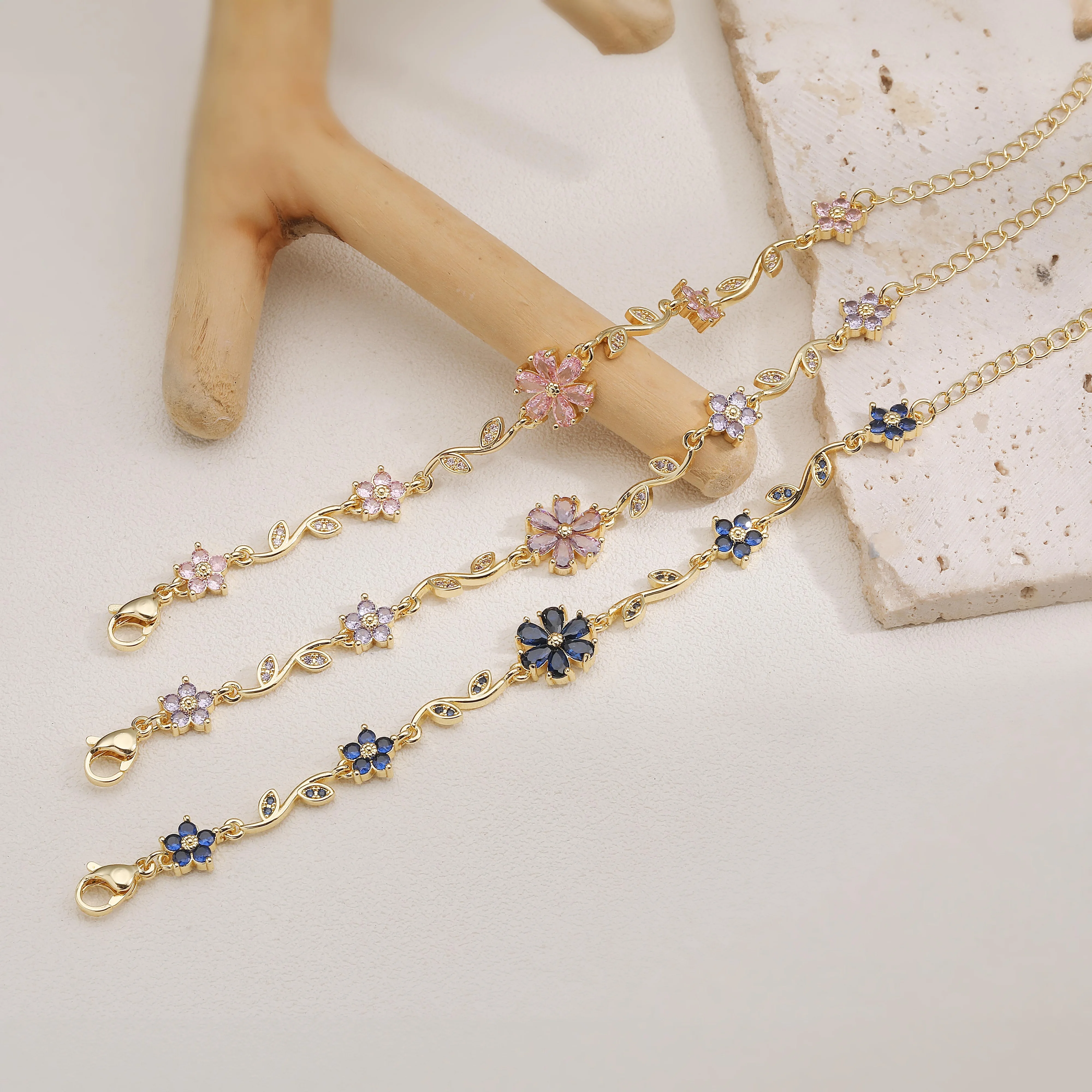 18K Gold Plated Brass Luxury Multi-Coloured CZ Floral Bracelet Korean Sweetheart Crystal Adjustable Jewellery Gift 1 PC