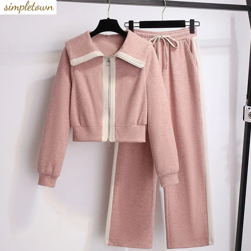 

Leisure Sports Women's Set 2024 Autumn/Winter Korean Edition New Pink Doll Neck Sports Set Two Piece Set