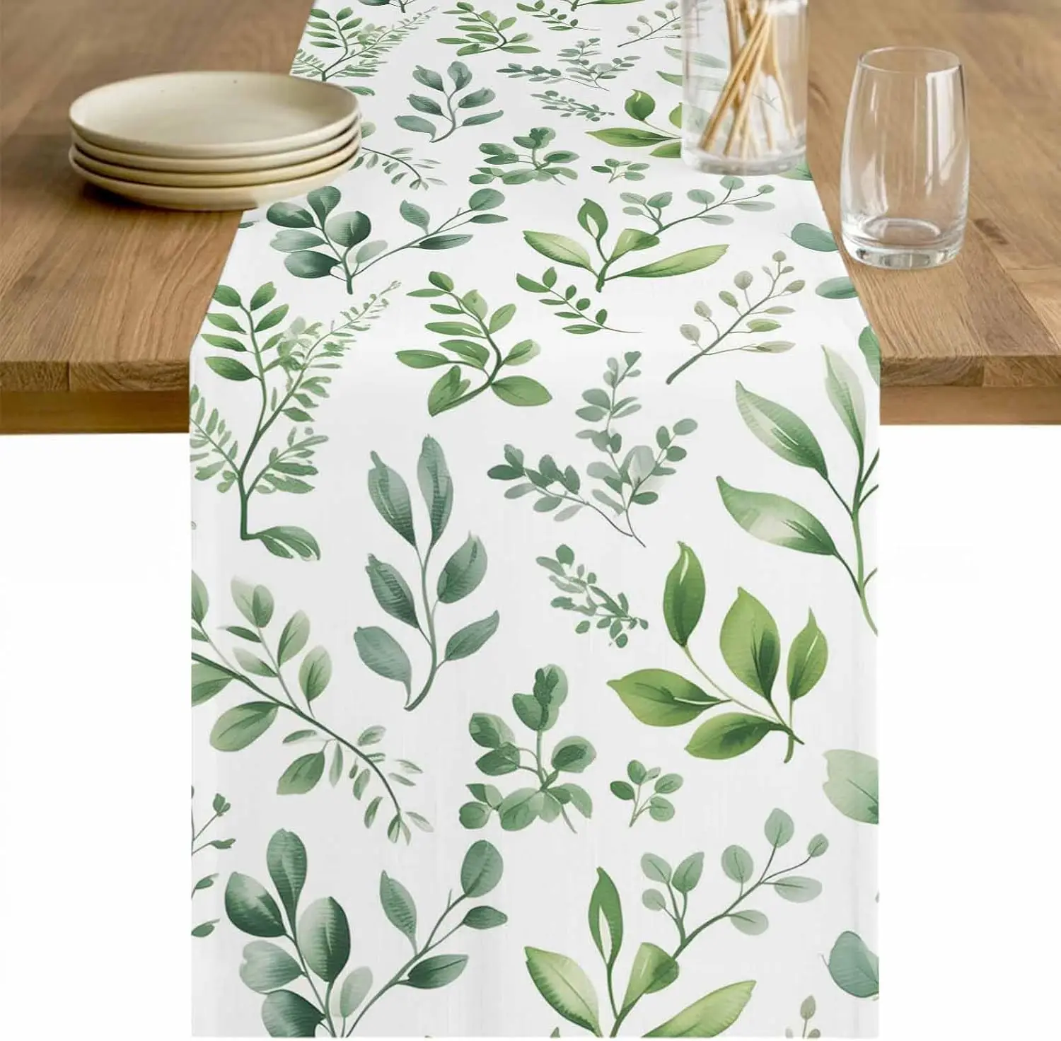 Sage Green Eucalyptus Leaves Linen Table Runner Party Decor Washable Farmhouse Kitchen Dining Table Runner Wedding Decorations