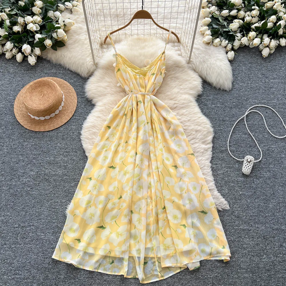 Chic vintage senza maniche in rete floreale sottile Elegante fata moda coreana Boho Sundress abbigliamento donna