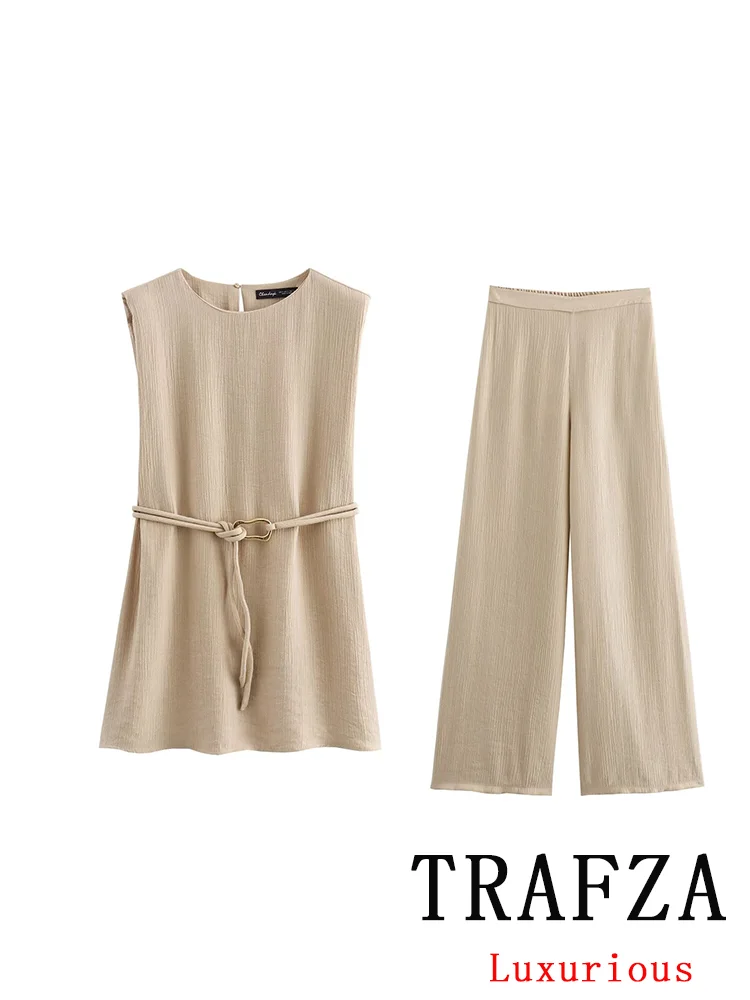 TRAFZA Vintage Casual Chic Solid Women Suit Sleeveless O-Neck Sashes Top Loose Straight Long Pants New Fashion 2024 Autumn Suit