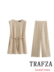 TRAFZA Vintage Casual Chic Solid Women Suit Sleeveless O-Neck Sashes Top Loose Straight Long Pants New Fashion 2024 Autumn Suit