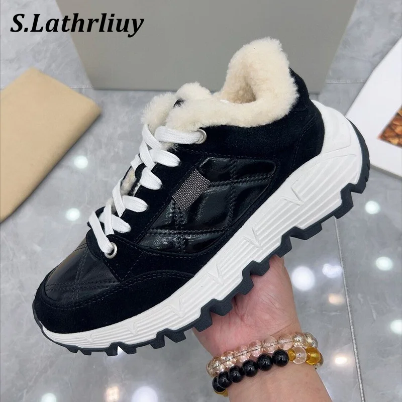 

Autumn Winter Thick Sole Daddy Shoes Women Wool Lining Casual Shoes Mixed Color Patchwork Flat Shoes Round Toe Lace Up Sneakers