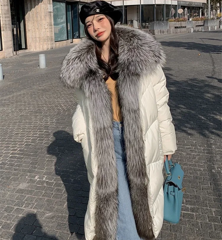 Natural Real Fox Fur Long Coat White Duck Down Jacket Winter Women Warm Loose Coat Thick Luxury Outerwear Streetwear Jacket