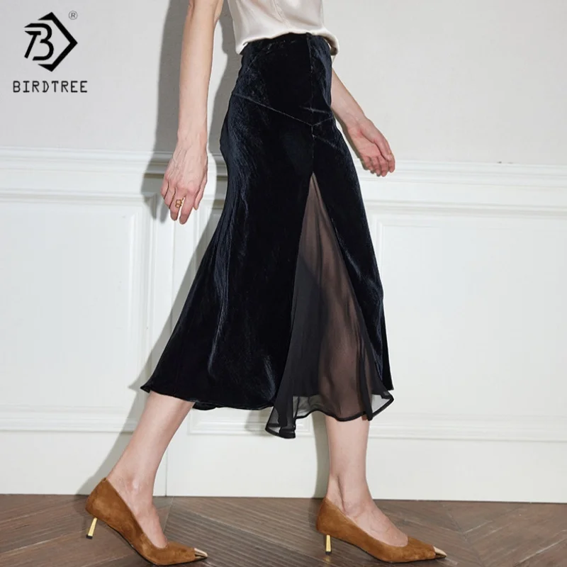 Birdtree,Base Fabric 100%  Silk Velvet Skirt,Women Elastic Waist Lace Fishtail Skirts,2025 Fall Winter Skirt D5D835JF