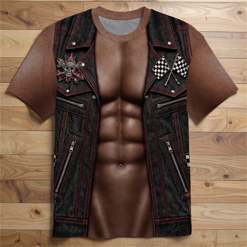 Men's Summer Short-Sleeve T-Shirts Funny 3D Muscle Chest Print T-Shirts Motorcycle-Style Vests Streetwear Tops Men's T-Shirts