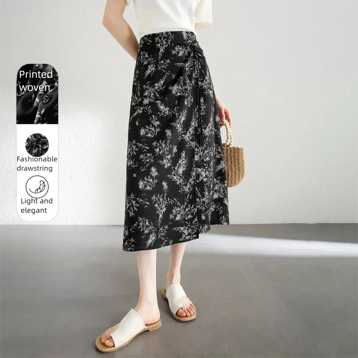

SENTUBILA Women New Chinese Style Floral Chiffon Skirt 2026 Summer Drawstring Waist A-Line Casual Elegant Midi Skirt162QA6244X