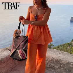 TRAF Orange Pant Sets Trousers Sets For Women 2 Pieces Sleeveless Pleated Slip Top Baggy Butterfly Lace-Up Ladies Fashion Outfit