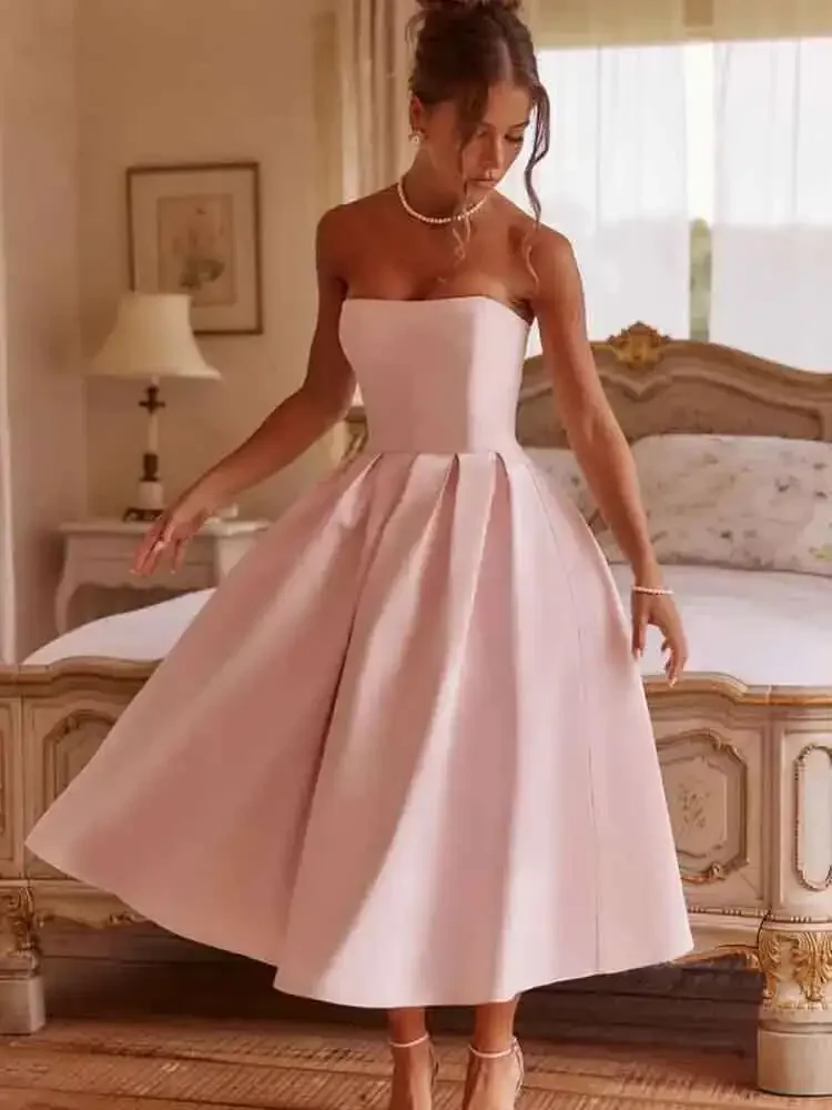 NIDANSSI Strapless Lining Pleated 이브닝 파티 드레스 여성 가운 Backless 우아한 섹시한 드레스 Bodycon Long Summer Dress Vestidos