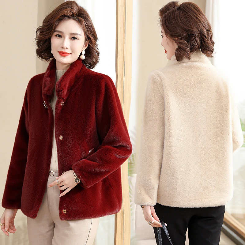 Women Winter Thick Loose Warm Outwear Plush Stand Collar short Jacket Female Mink Velvet Luxury High Imitation Mink Fur Coats