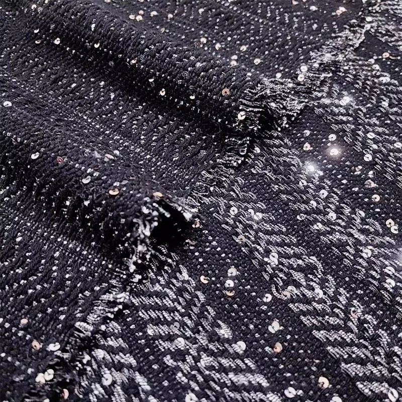 Black Wave Stripe Sequin Pattern Yarn-Dyed Braided Fabric For Women Autumn Jacket Dress Suit Tweed Coat Handbag DIY Cloth Sewing