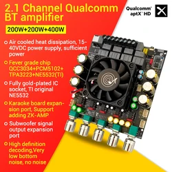 ZK-APTX2 Bluetooth Power Amplifier Board 2.1 Ch 200W+200W+400W Amplifier Chip TPA3223 USB Sound Card Subwoofer Audio Stereo