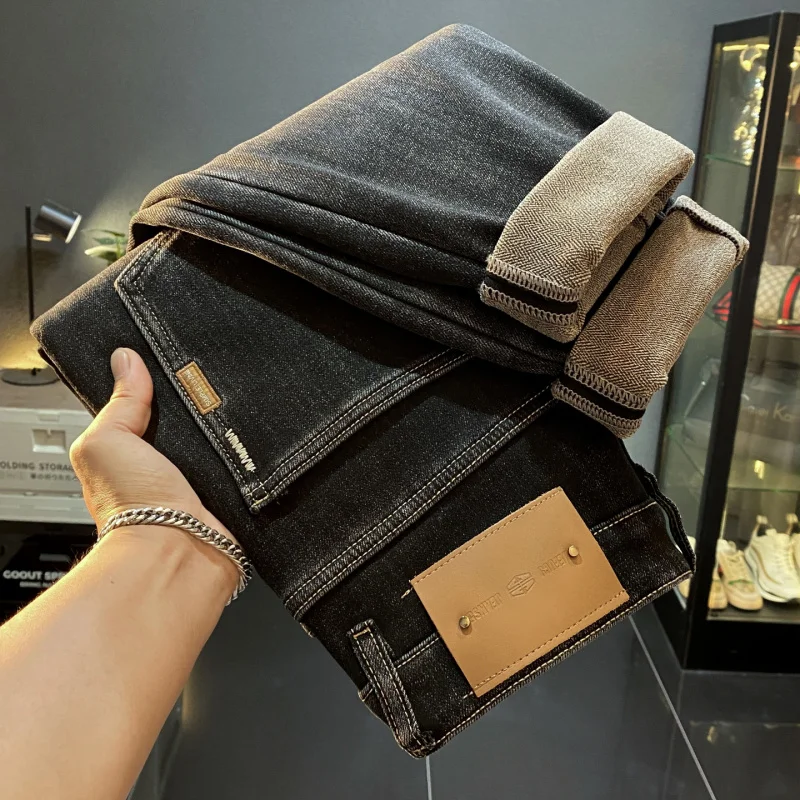 High end flannel thickened soft and warm men's jeans, winter new fashion brand slim fit small leg pants
