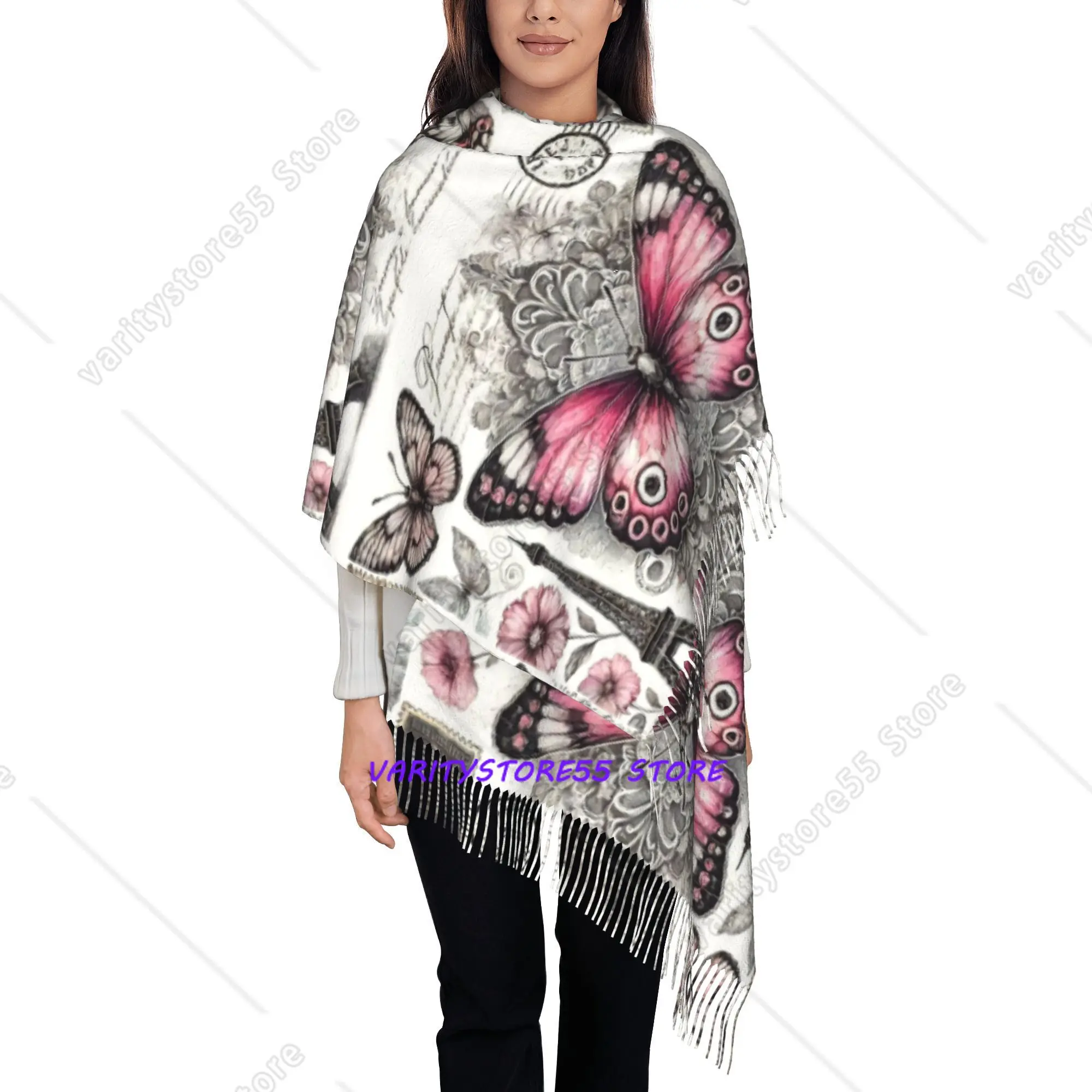 Watercolor Butterfly Paris Tower Pattern Tassel Shawl, Elegant Daily Fashion Outer Cape Cover Up