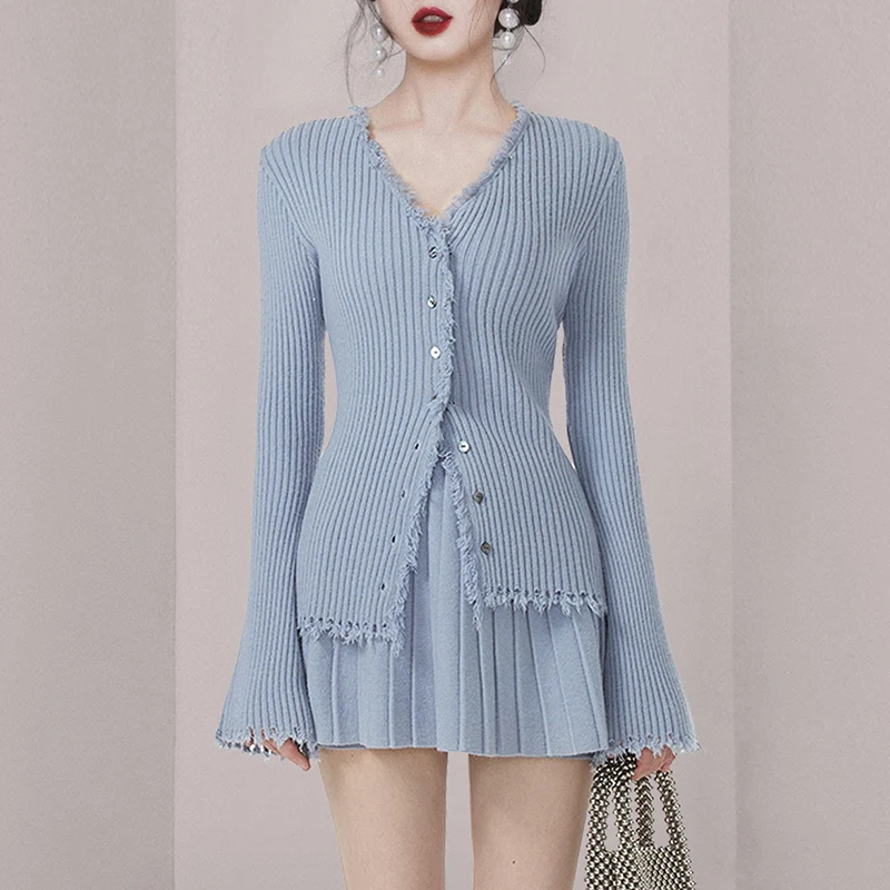 Autumn Knitted 2 Piece Set Women V Neck Pit Strip Tassel Single Breasted Flare Sleeve Cardigan + Sweet Pleated Mini Skirt Suits