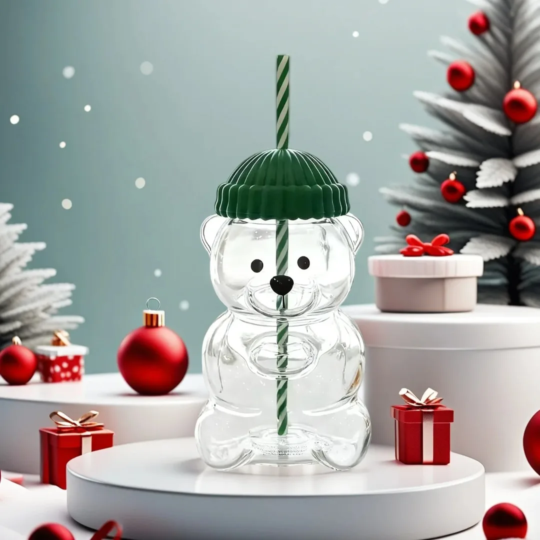 

2025 Hot Sale Bear Shape Glass Cup with Straw Green Lid Creative Drinkware Home Office Gift