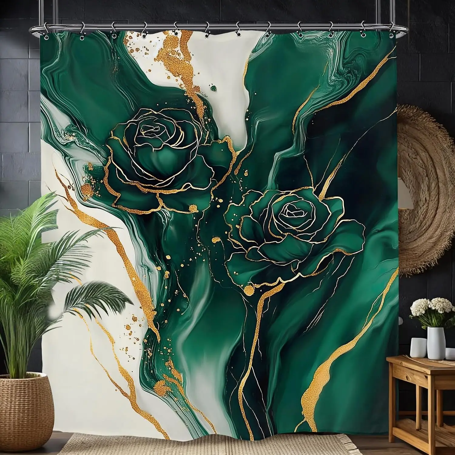 Waterproof Floral Rose Shower Curtain Luxury Green Teal Marble Gold Abstract Bathroom Decor Liner for Modern Style